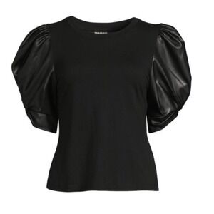 DKNY Women's Black Faux Leather Puff Sleeve Blouse Modal Mix Top- Size Large